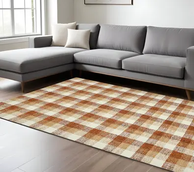 9' X 13' Orange Beige And Brick Red Wool Plaid Hand Tufted Area Rug