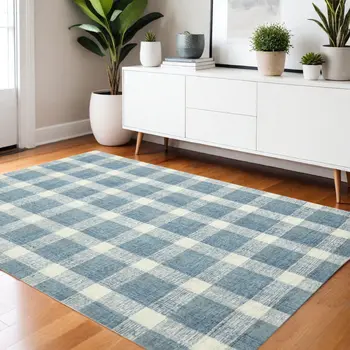 4' X 6' Blue And Ivory Wool Plaid Hand Tufted Area Rug