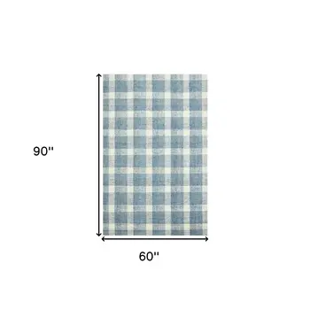 5' X 7' Blue And Ivory Wool Plaid Hand Tufted Area Rug