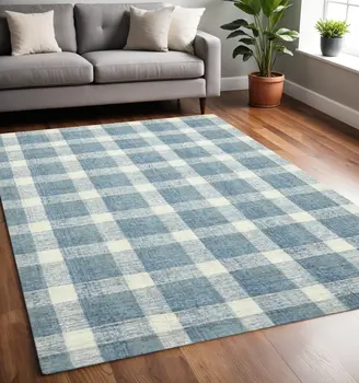 5' X 7' Blue And Ivory Wool Plaid Hand Tufted Area Rug