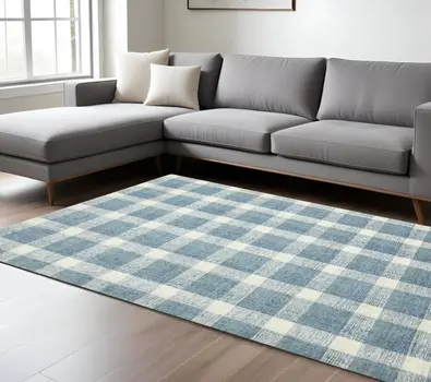 8' X 10' Blue And Ivory Wool Plaid Hand Tufted Area Rug