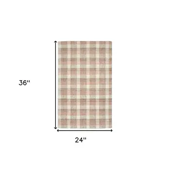 2' X 3' Pink And Ivory Wool Plaid Hand Tufted Area Rug