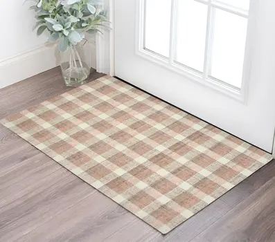 2' X 3' Pink And Ivory Wool Plaid Hand Tufted Area Rug