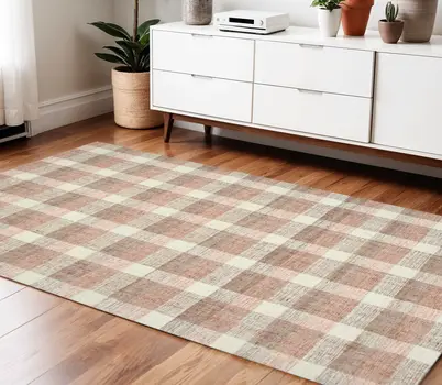 4' X 6' Pink And Ivory Wool Plaid Hand Tufted Area Rug