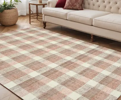 5' X 7' Pink And Ivory Wool Plaid Hand Tufted Area Rug