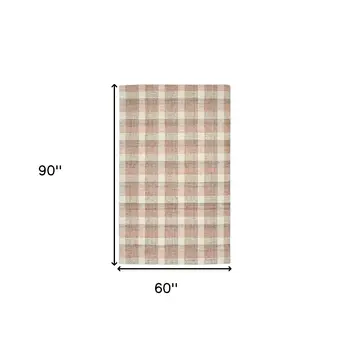 5' X 7' Pink And Ivory Wool Plaid Hand Tufted Area Rug