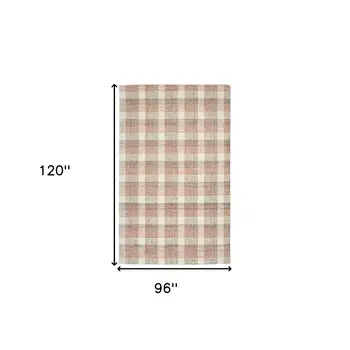 8' X 10' Pink And Ivory Wool Plaid Hand Tufted Area Rug