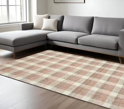 8' X 10' Pink And Ivory Wool Plaid Hand Tufted Area Rug