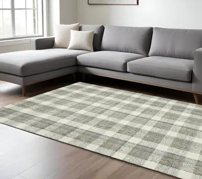 9' X 13' Gray And Ivory Wool Plaid Hand Tufted Area Rug