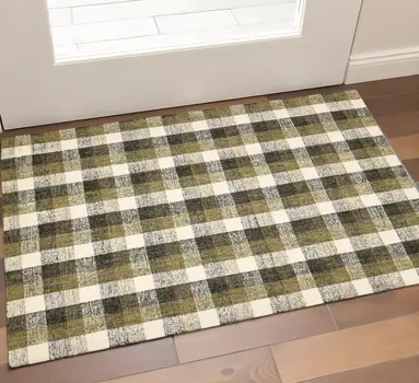 2' X 3' Charcoal Khaki And Ivory Wool Plaid Hand Tufted Area Rug