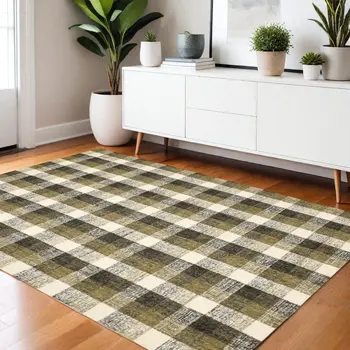 4' X 6' Charcoal Khaki And Ivory Wool Plaid Hand Tufted Area Rug
