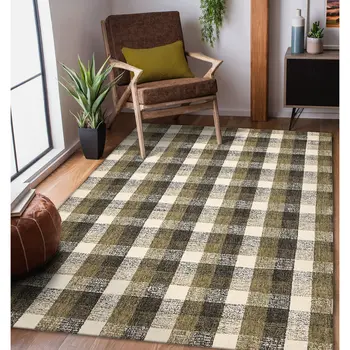 4' X 6' Charcoal Khaki And Ivory Wool Plaid Hand Tufted Area Rug