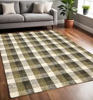 5' X 7' Charcoal Khaki And Ivory Wool Plaid Hand Tufted Area Rug