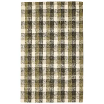 5' X 7' Charcoal Khaki And Ivory Wool Plaid Hand Tufted Area Rug