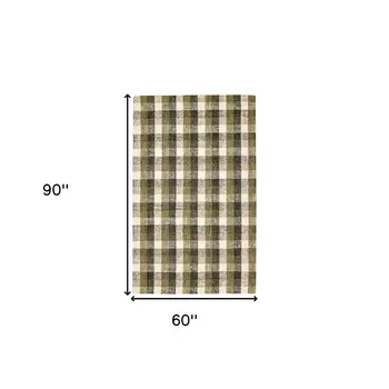 5' X 7' Charcoal Khaki And Ivory Wool Plaid Hand Tufted Area Rug