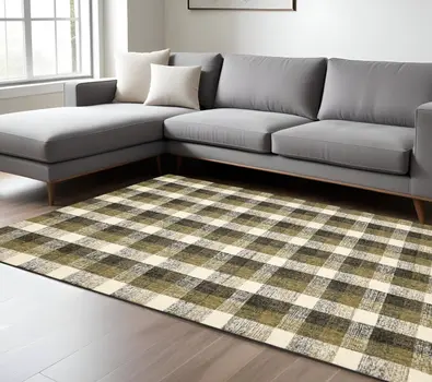 8' X 10' Charcoal Khaki And Ivory Wool Plaid Hand Tufted Area Rug