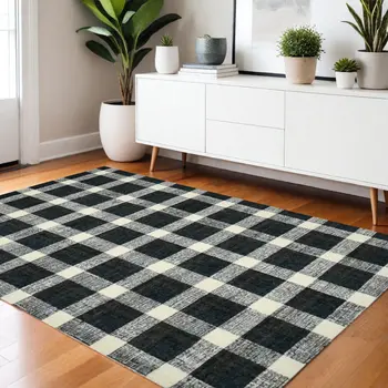 4' X 6' Charcoal And Ivory Wool Plaid Hand Tufted Area Rug