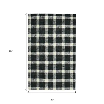 5' X 7' Charcoal And Ivory Wool Plaid Hand Tufted Area Rug