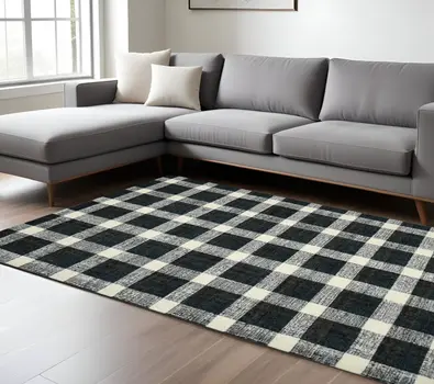 8' X 10' Charcoal And Ivory Wool Plaid Hand Tufted Area Rug