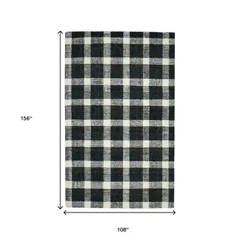 9' X 13' Charcoal And Ivory Wool Plaid Hand Tufted Area Rug