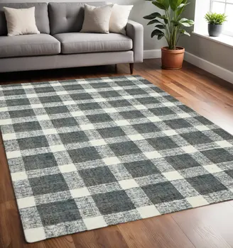5' X 7' Dark Gray And Ivory Wool Plaid Hand Tufted Area Rug