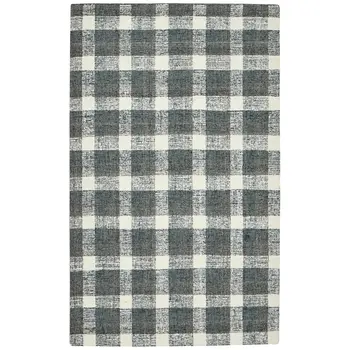 8' X 10' Dark Gray And Ivory Wool Plaid Hand Tufted Area Rug