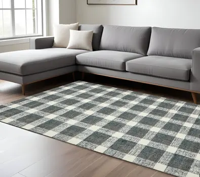 9' X 13' Dark Gray And Ivory Wool Plaid Hand Tufted Area Rug