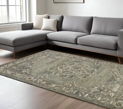 9' X 13' Ivory Brown And Gray Wool Oriental Hand Tufted Area Rug