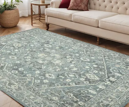 5' X 7' Sky Blue Gray And Ivory Wool Oriental Hand Tufted Area Rug