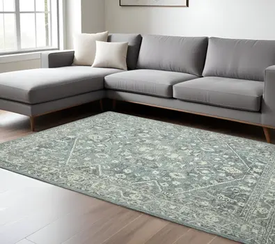 9' X 13' Sky Blue Gray And Ivory Wool Oriental Hand Tufted Area Rug