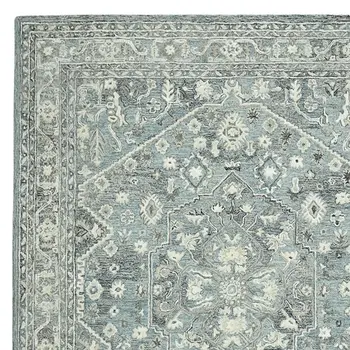 9' X 13' Sky Blue Gray And Ivory Wool Oriental Hand Tufted Area Rug