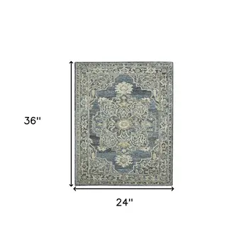 2' X 3' Denim Blue And Ivory Wool Oriental Hand Tufted Area Rug