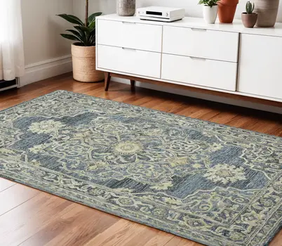 4' X 6' Denim Blue And Ivory Wool Oriental Hand Tufted Area Rug