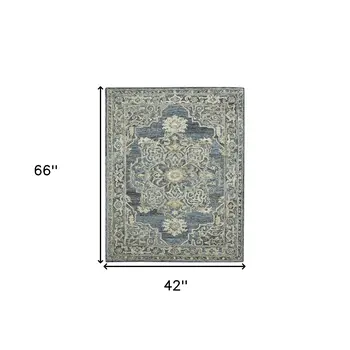 4' X 6' Denim Blue And Ivory Wool Oriental Hand Tufted Area Rug