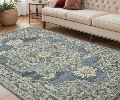 5' X 7' Denim Blue And Ivory Wool Oriental Hand Tufted Area Rug