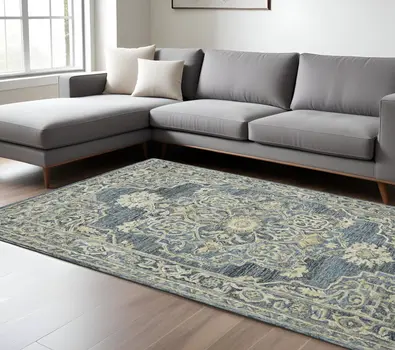 9' X 13' Denim Blue And Ivory Wool Oriental Hand Tufted Area Rug