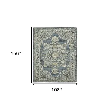 9' X 13' Denim Blue And Ivory Wool Oriental Hand Tufted Area Rug