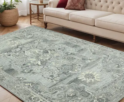 5' X 7' Gray Ivory And Light Blue Wool Oriental Hand Tufted Area Rug