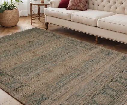 5' X 7' Brown Dark Gray And Dark Turquoise Oriental Hand Woven Area Rug With Fringe