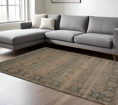 8' X 10' Brown Dark Gray And Dark Turquoise Oriental Hand Woven Area Rug With Fringe