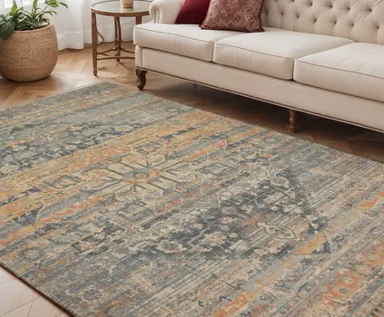 5' X 7' Orange Beige And Gray Oriental Hand Woven Area Rug With Fringe
