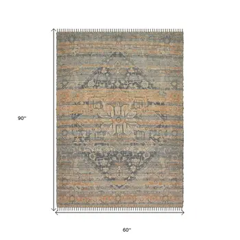5' X 7' Orange Beige And Gray Oriental Hand Woven Area Rug With Fringe