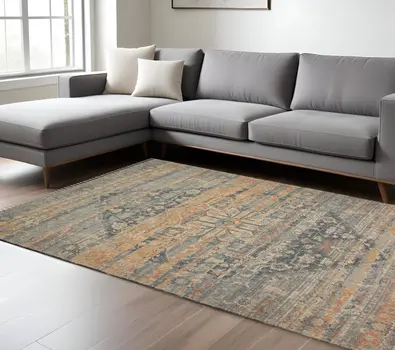 8' X 10' Orange Beige And Gray Oriental Hand Woven Area Rug With Fringe