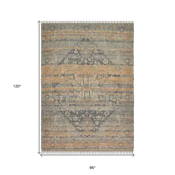8' X 10' Orange Beige And Gray Oriental Hand Woven Area Rug With Fringe
