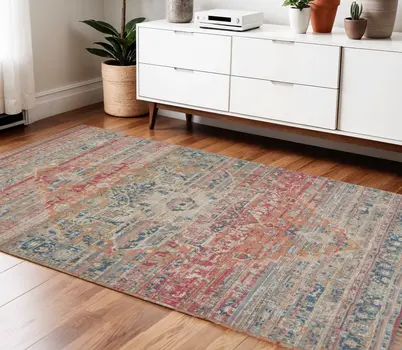 4' X 6' Blue Orange And Pink Oriental Hand Woven Area Rug With Fringe