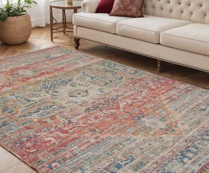 5' X 7' Blue Orange And Pink Oriental Hand Woven Area Rug With Fringe