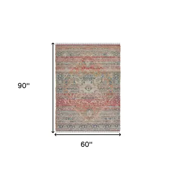 5' X 7' Blue Orange And Pink Oriental Hand Woven Area Rug With Fringe