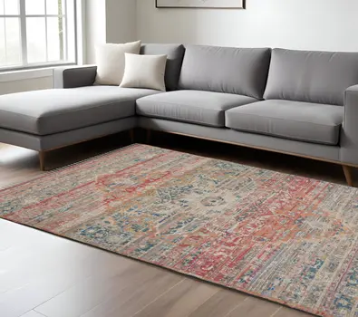 8' X 10' Blue Orange And Pink Oriental Hand Woven Area Rug With Fringe