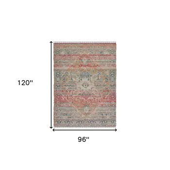 8' X 10' Blue Orange And Pink Oriental Hand Woven Area Rug With Fringe
