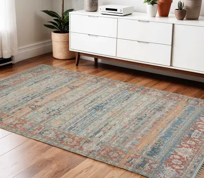 4' X 6' Blue Brick Red And Ivory Oriental Hand Woven Area Rug With Fringe